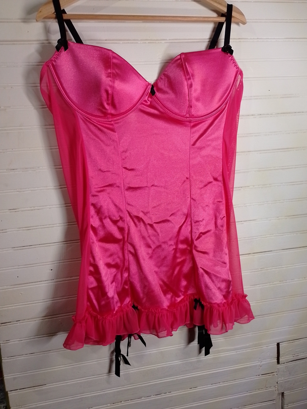 Dreamgirls 1XL/2XL Pink Satin Bustier Chemise with Ruffle Hem - Women Intimates